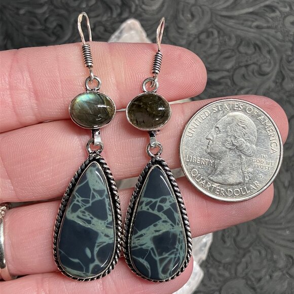 Labradorite and Spiderweb Obsidian Earrings Stone Crystal Jewelry - Picture 4 of 5